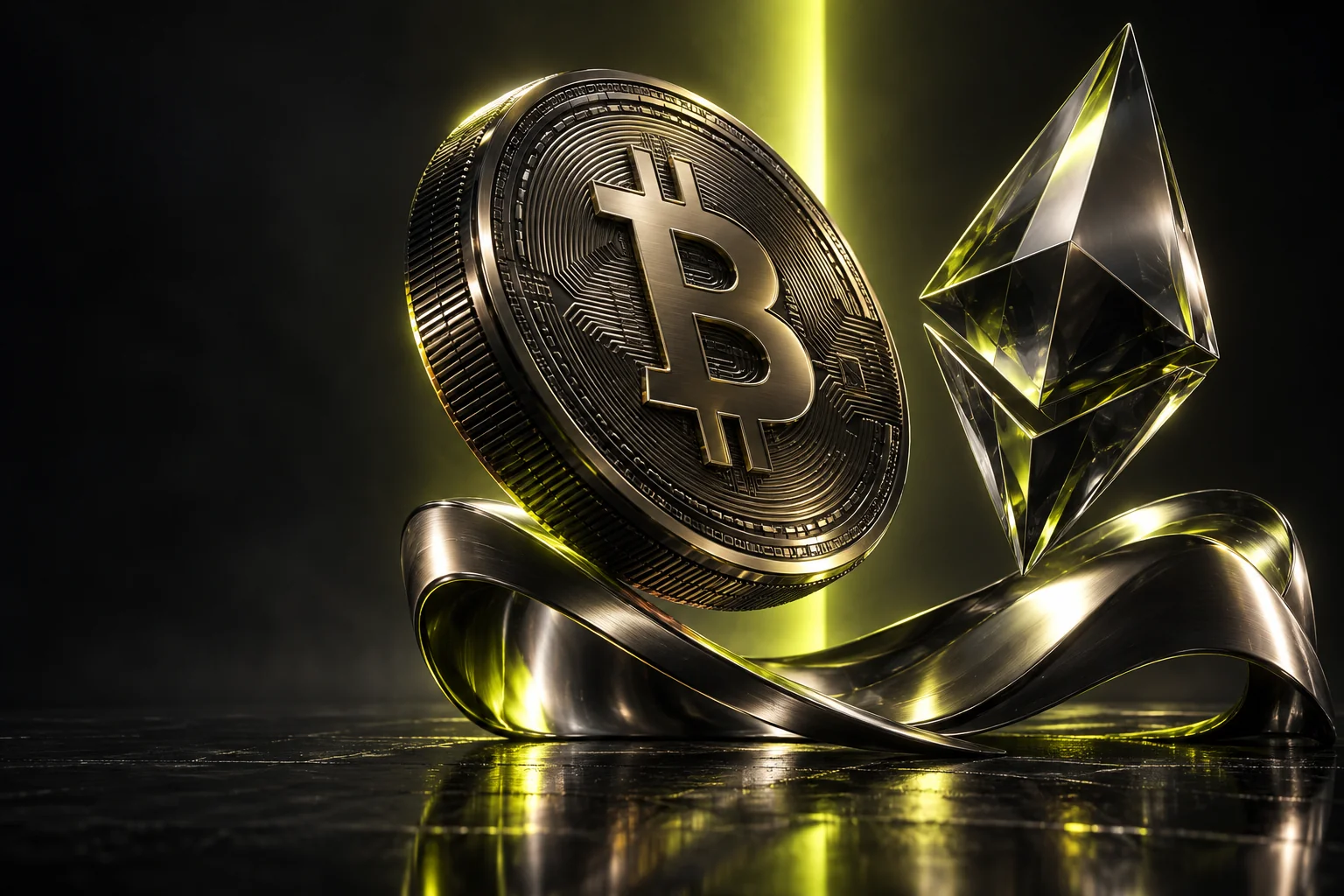 Sculptural black titanium Bitcoin and glass Ethereum with lime reflections